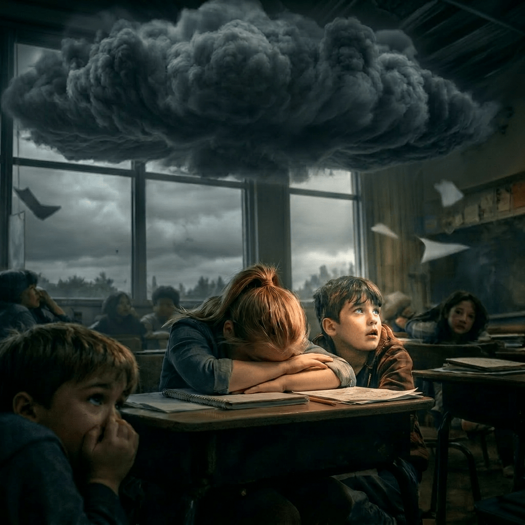 Children in classroom covering ears and reacting to fiery explosion inside